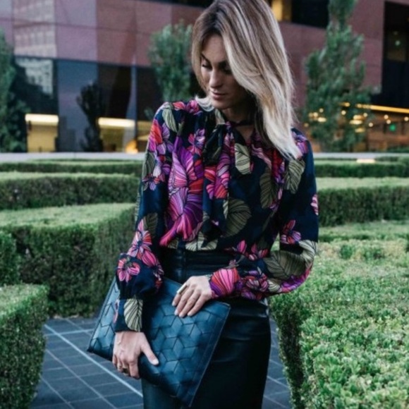 Trina Turk Tops - Trina Turk Deming Floral Silk Tie Neck Blouse